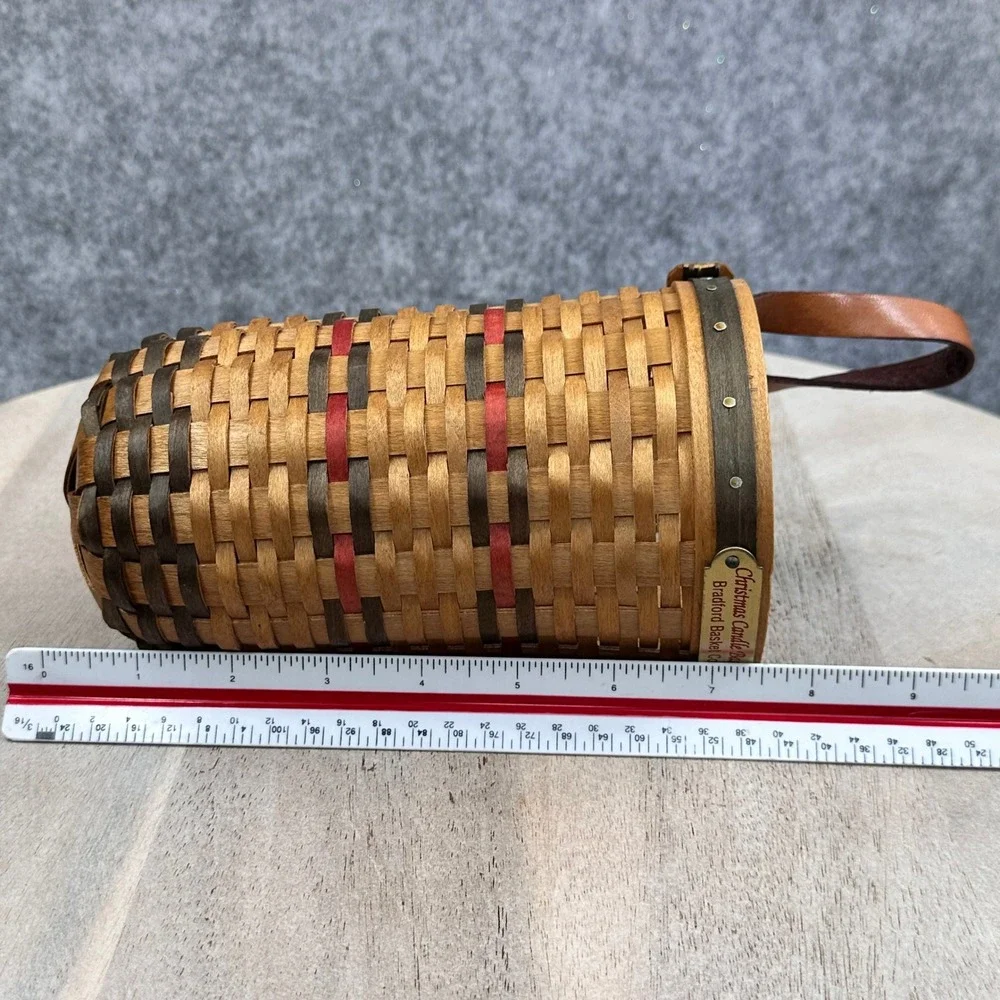 Bradford Basket Company 1997 Christmas Candle Basket Woven Wood Leather Handle